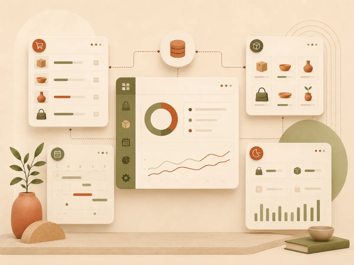 Illustration d'un outil métier sur mesure avec tableaux de bord, commandes et suivi opérationnel.