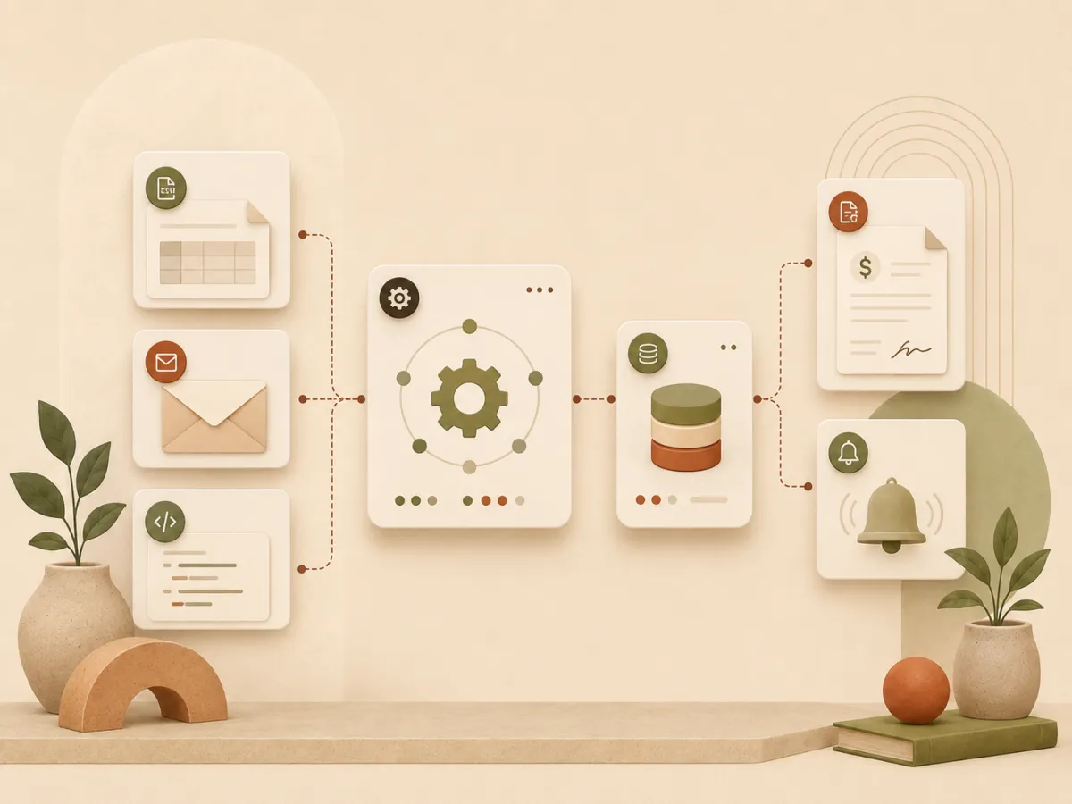Illustration d'un flux d'automatisation reliant fichiers, code, base de données et exports.