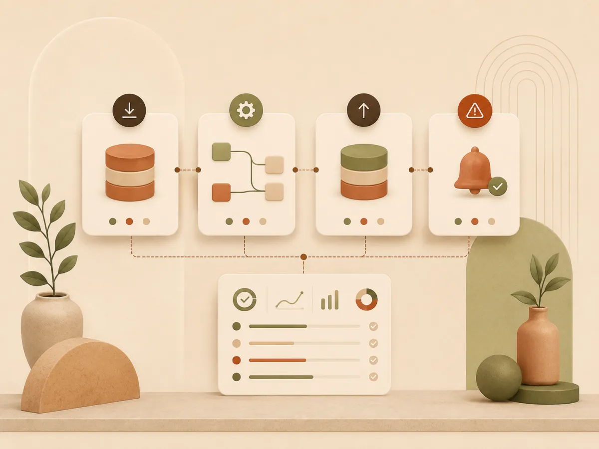 Illustration d'un système d'automatisation reliant fichiers, base de données, code et exports.