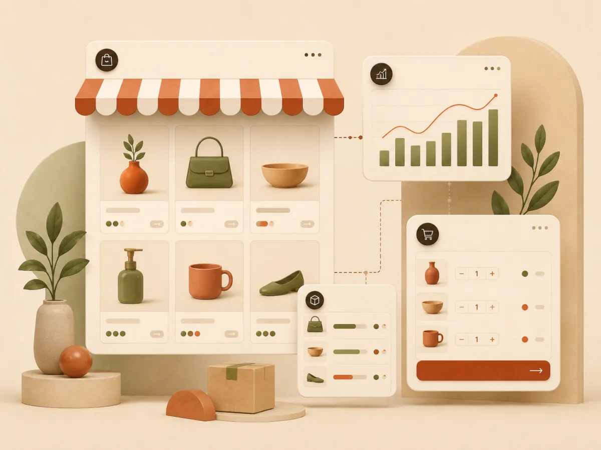 Illustration d'une boutique e-commerce moderne reliée au paiement, au stock et aux statistiques.