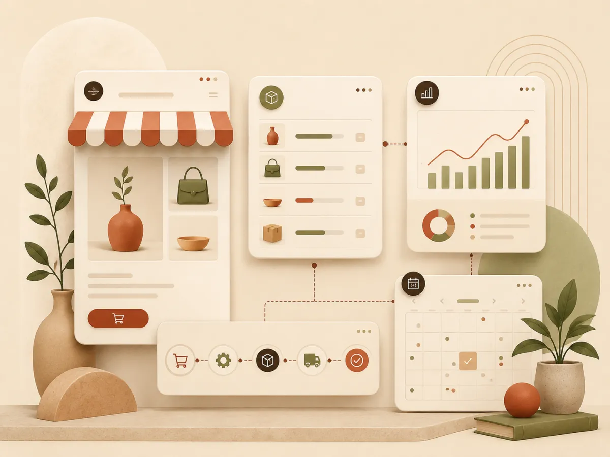 Illustration d'un écosystème numérique liant e-commerce, stock, planification et automatisation.