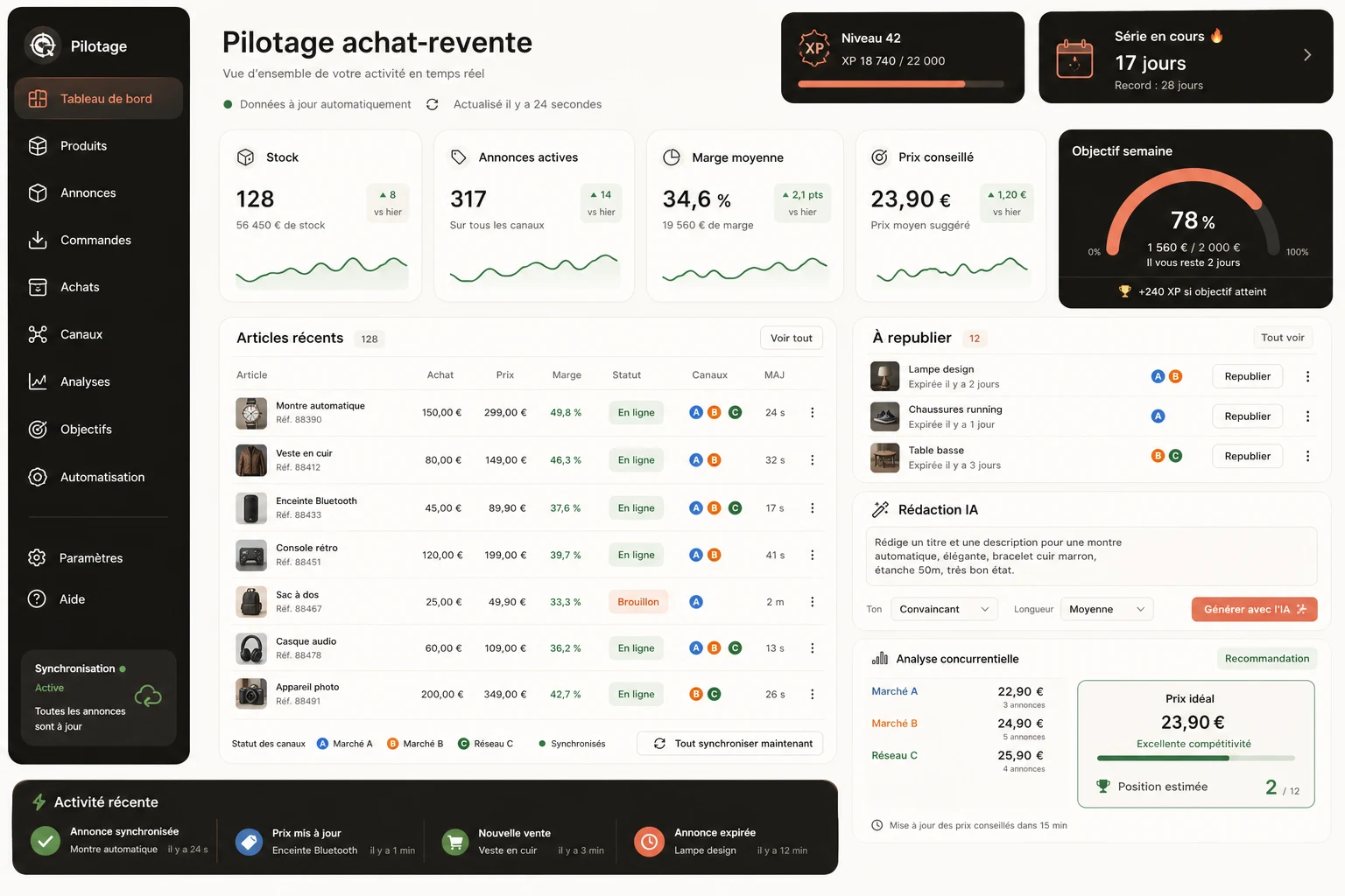 Capture d’écran de l’interface de démonstration : Application gamifiée de gestion d'une activité d'achat-revente.