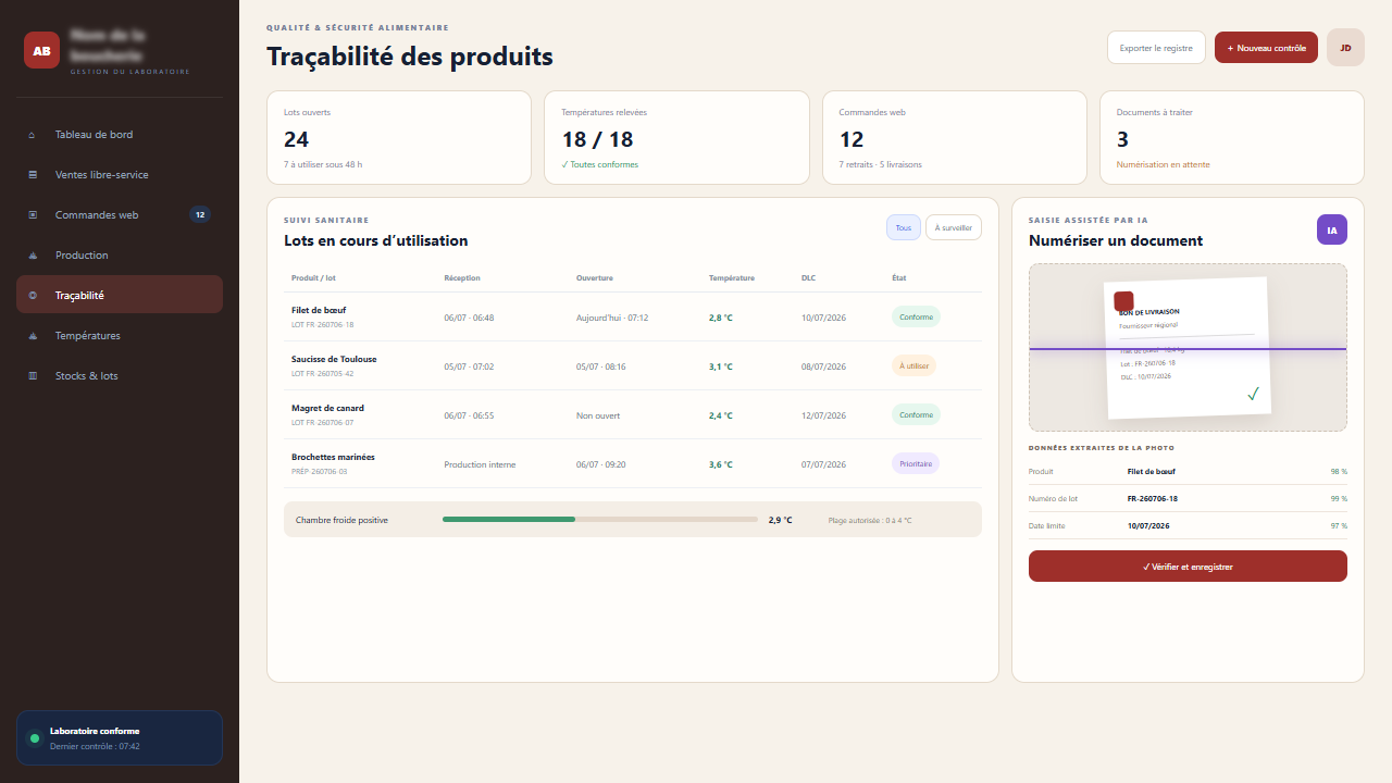 Capture d'écran de l'écosystème métier boucherie : e-commerce et traçabilité alimentaire.