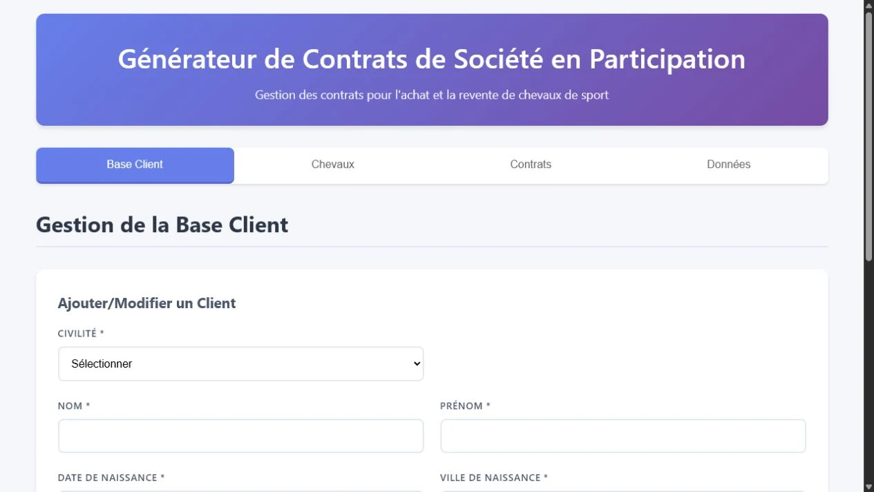 Capture d’écran de l’interface de démonstration : Gestion et génération de contrats pour l'achat-revente de chevaux.