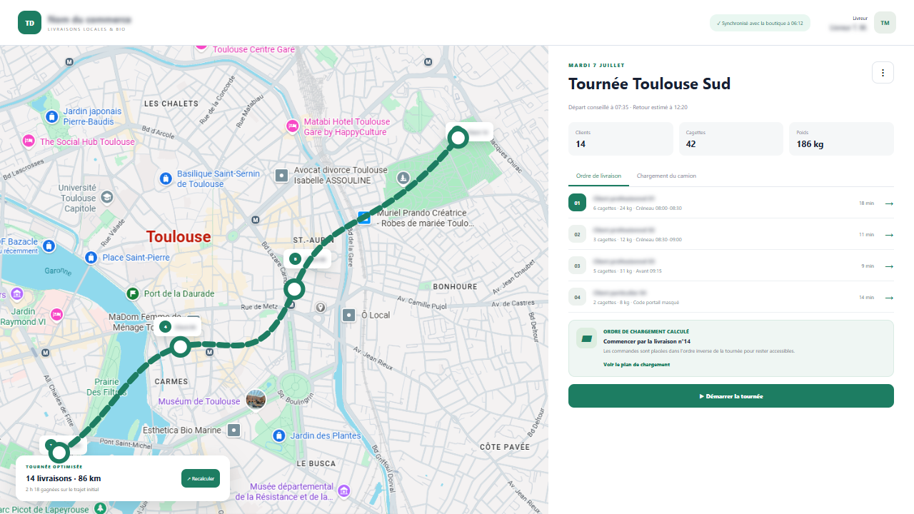 Capture d'écran de l'application de préparation et d'optimisation des tournées de livraison.