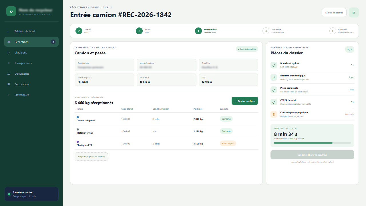 Capture d’écran de l’interface de démonstration : Digitalisation complète des réceptions de matières à recycler.